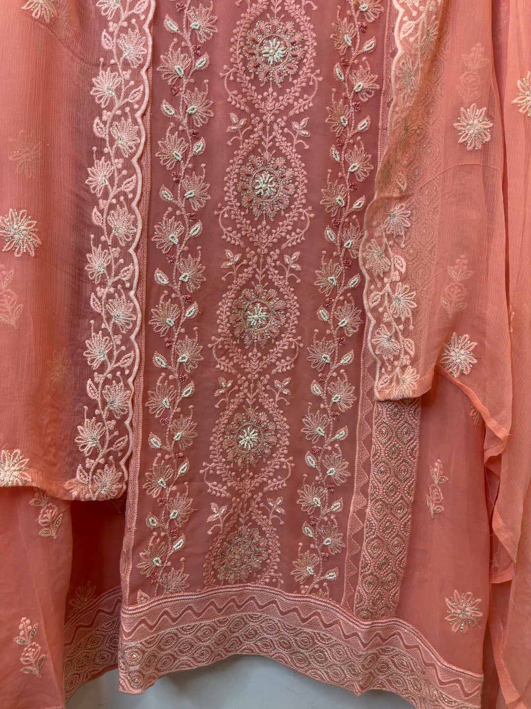 Peach Georgette Lucknowi Embroidered Suit Set with Chiffon Dupatta