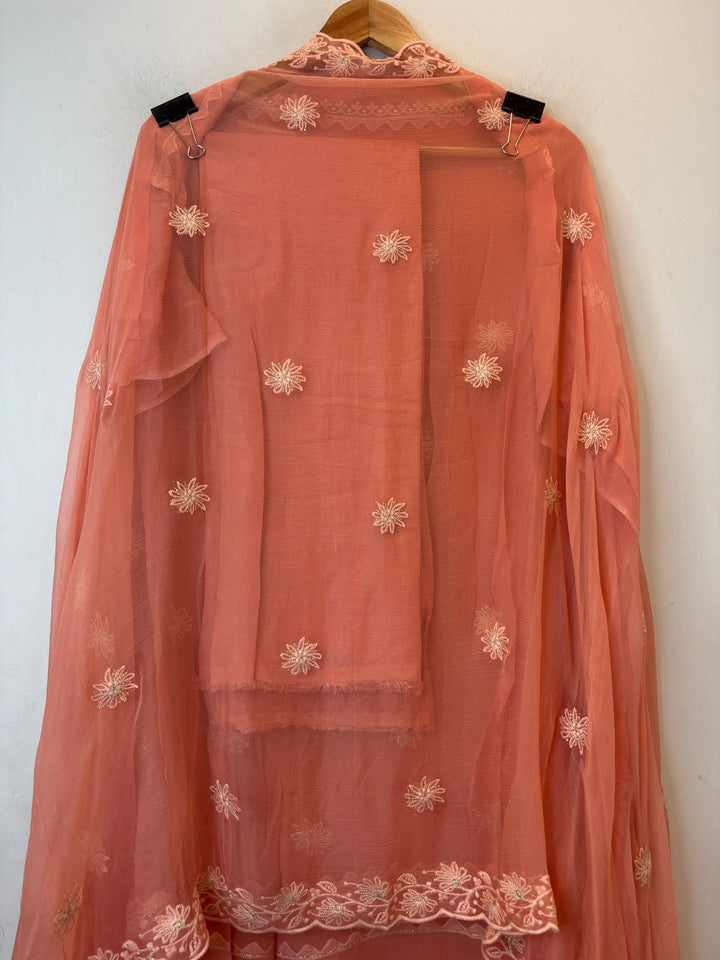Peach Georgette Lucknowi Embroidered Suit Set with Chiffon Dupatta