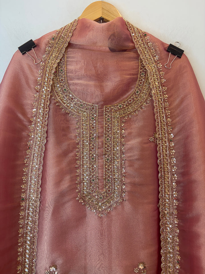 Rust Tissue Embroidered Suit Set with Dabka &amp; Cutdana Work