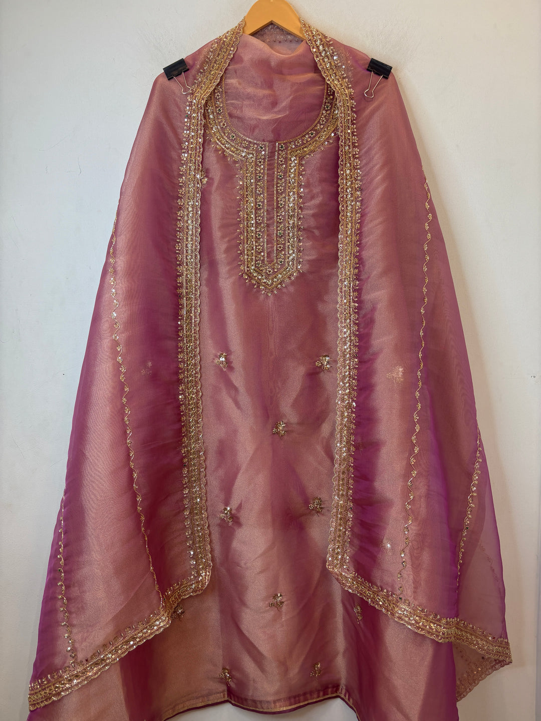 Pink Tissue Embroidered Suit Set with Dabka &amp; Cutdana Work