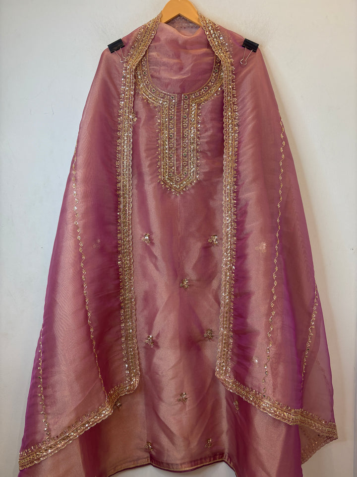 Pink Tissue Embroidered Suit Set with Dabka &amp; Cutdana Work
