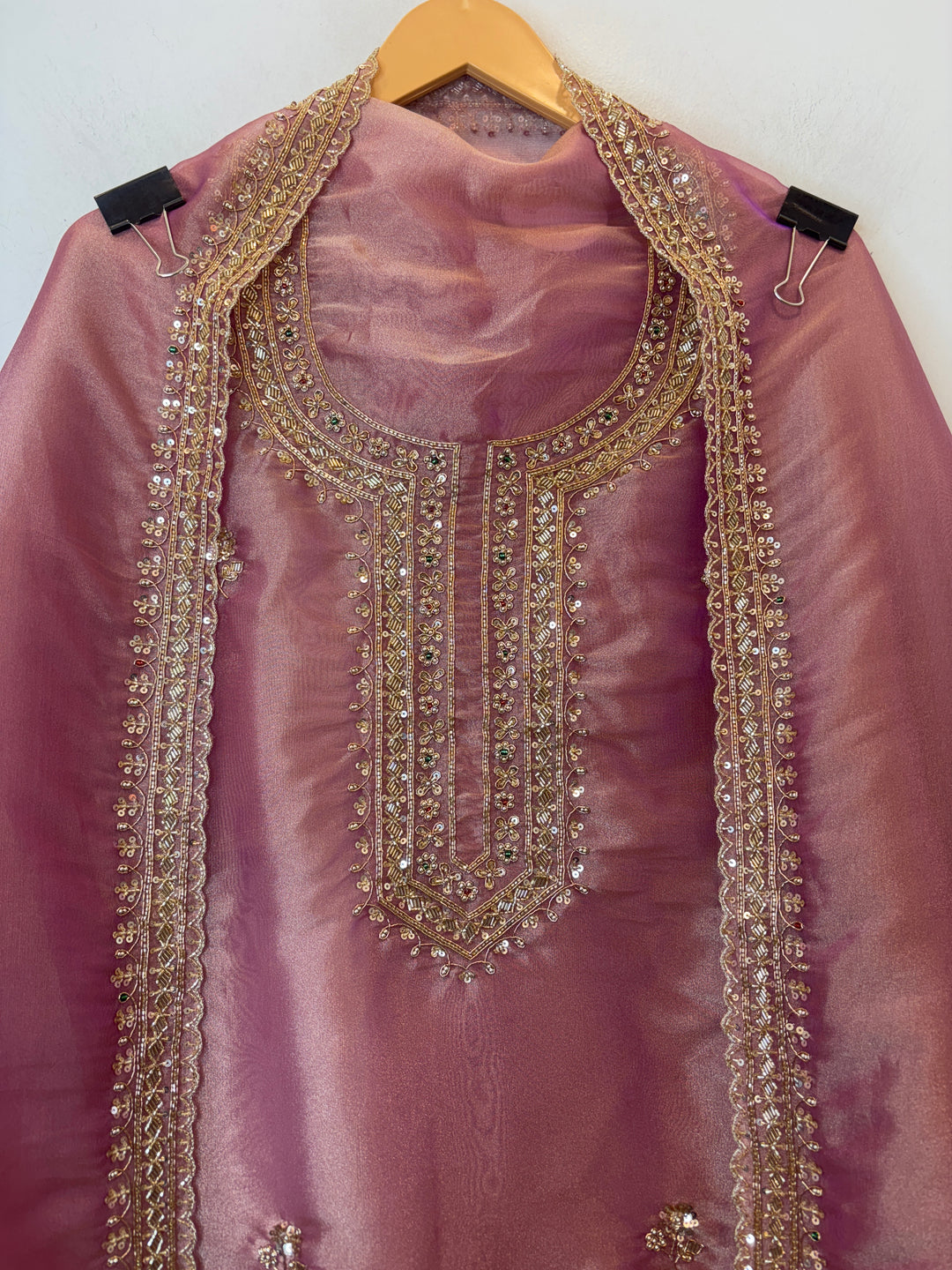 Pink Tissue Embroidered Suit Set with Dabka &amp; Cutdana Work