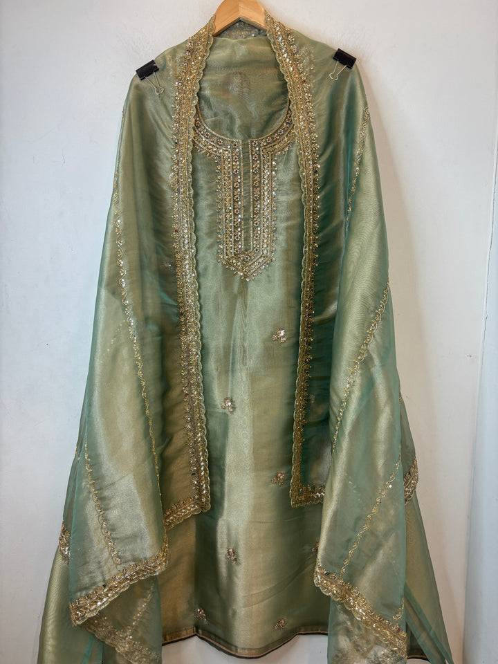 Green Tissue Embroidered Suit Set with Dabka &amp; Cutdana Work