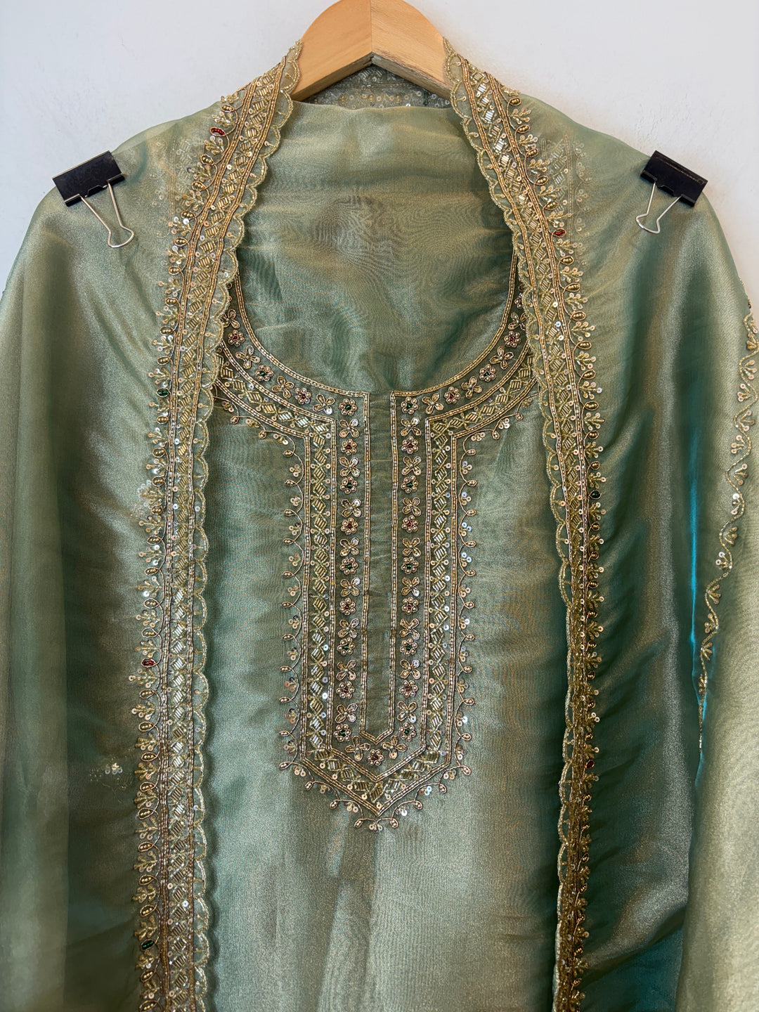 Green Tissue Embroidered Suit Set with Dabka &amp; Cutdana Work