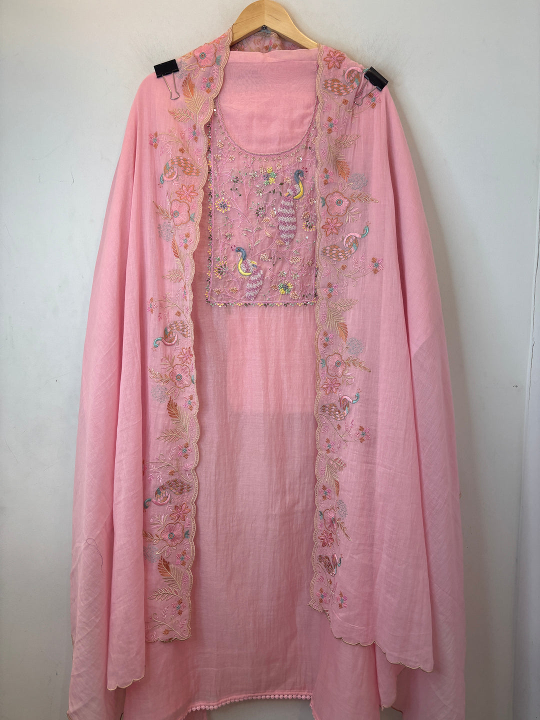 Pink Mul Cotton Peacock Embroidered Suit Set with Cutwork Dupatta