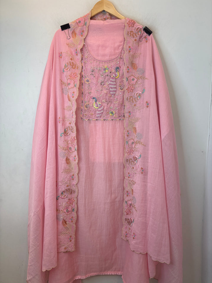 Pink Mul Cotton Peacock Embroidered Suit Set with Cutwork Dupatta