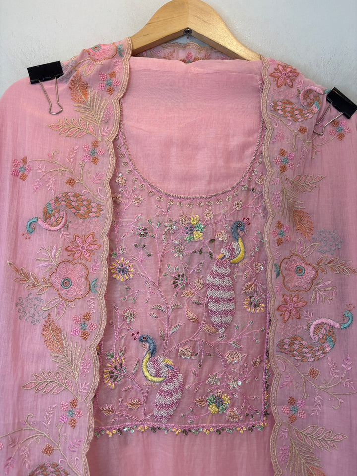 Pink Mul Cotton Peacock Embroidered Suit Set with Cutwork Dupatta