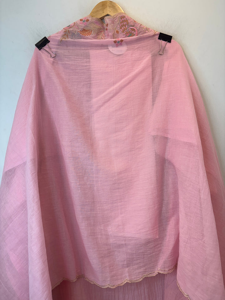 Pink Mul Cotton Peacock Embroidered Suit Set with Cutwork Dupatta