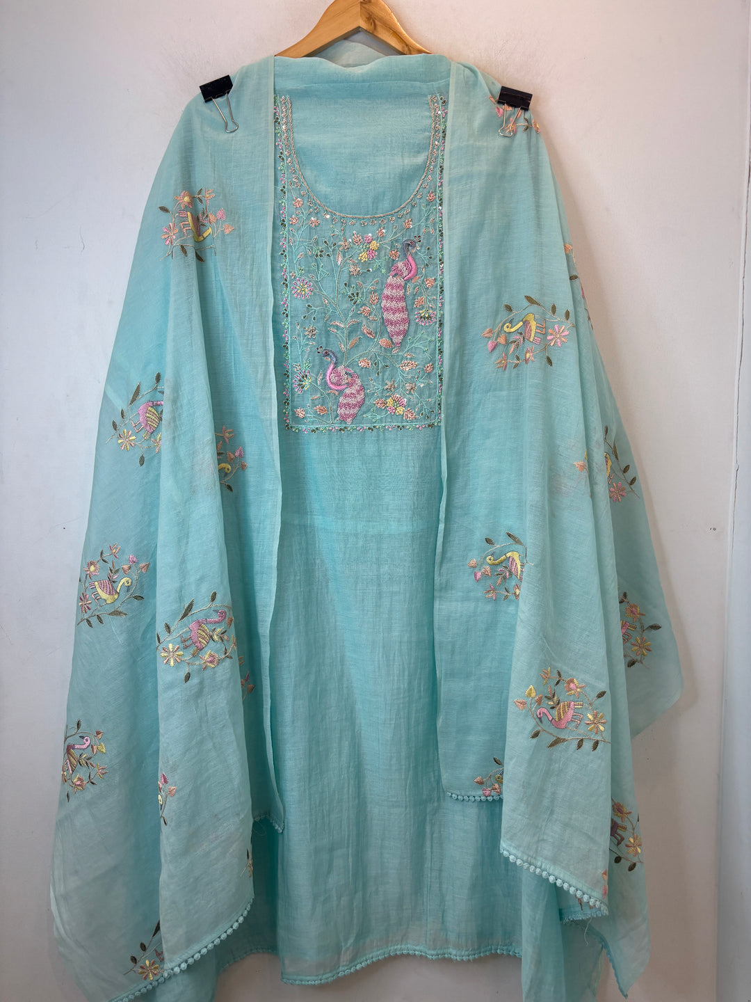 Blue Mul Cotton Peacock Embroidered Suit Set with Cutwork Dupatta