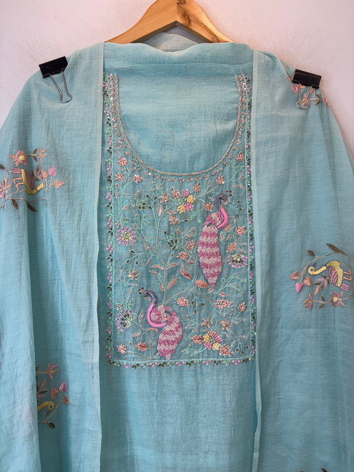 Blue Mul Cotton Peacock Embroidered Suit Set with Cutwork Dupatta