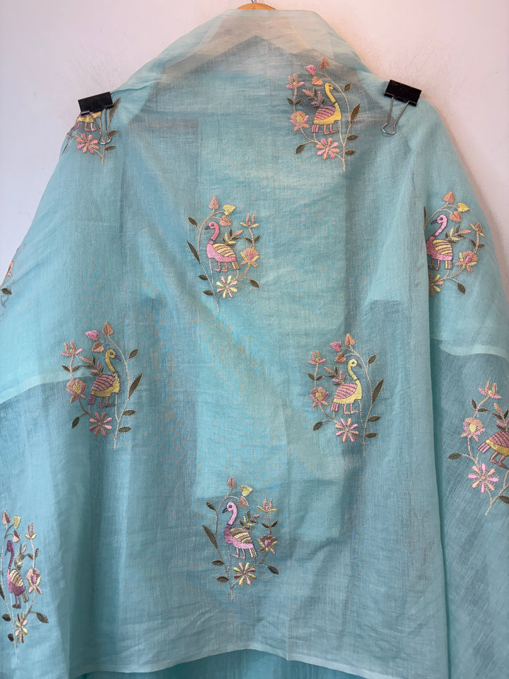 Blue Mul Cotton Peacock Embroidered Suit Set with Cutwork Dupatta