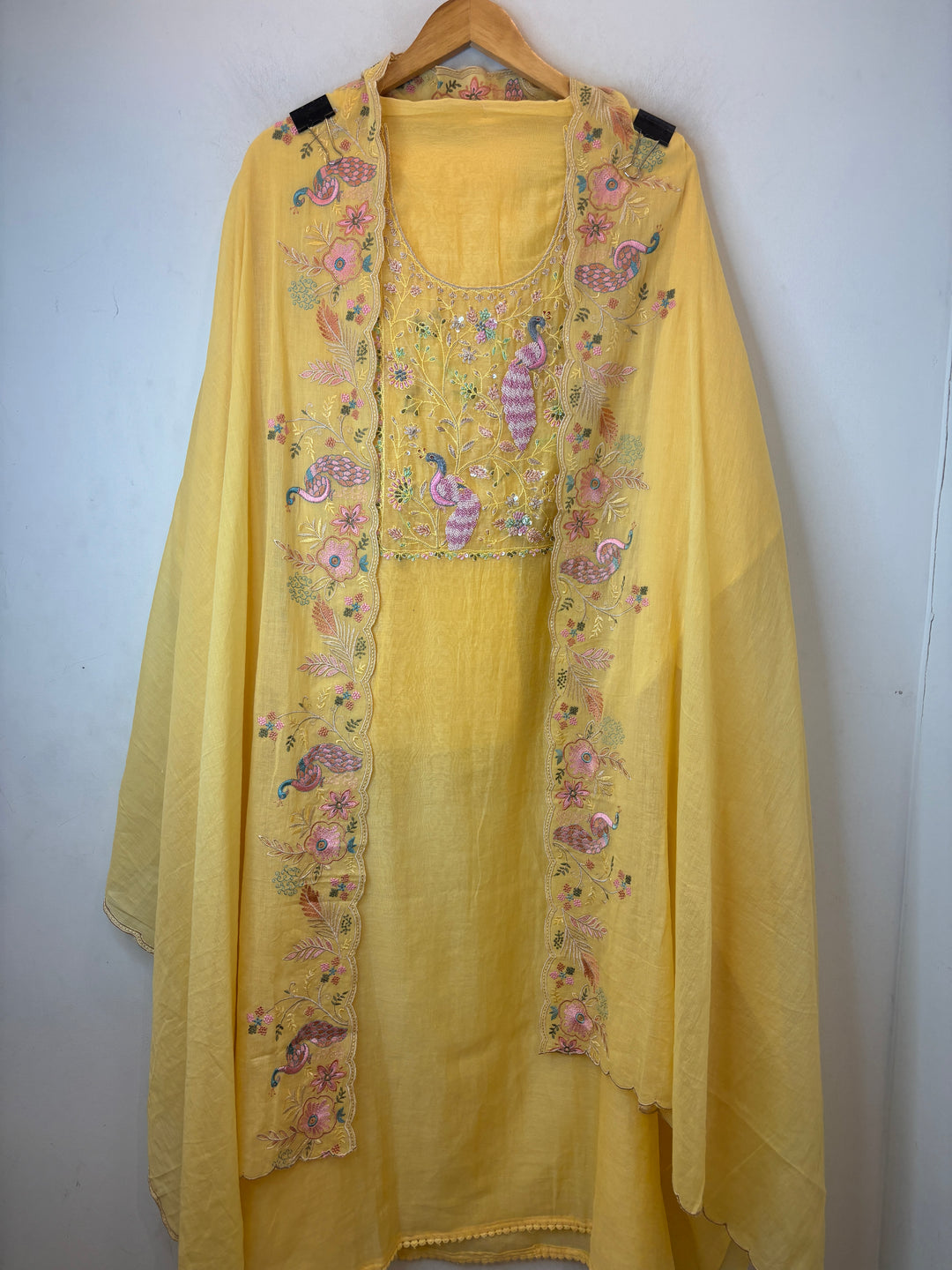 Yellow Mul Cotton Peacock Embroidered Suit Set with Cutwork Dupatta