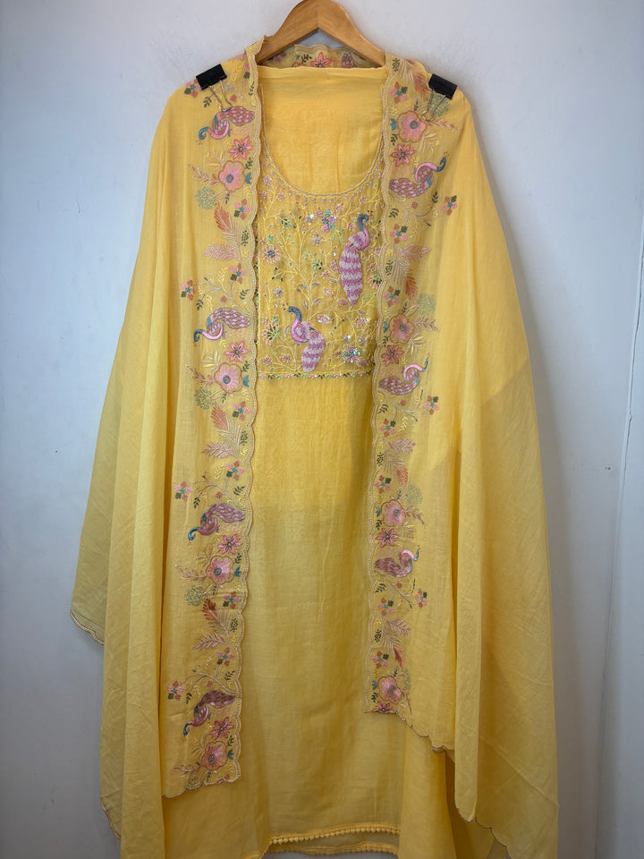 Yellow Mul Cotton Peacock Embroidered Suit Set with Cutwork Dupatta