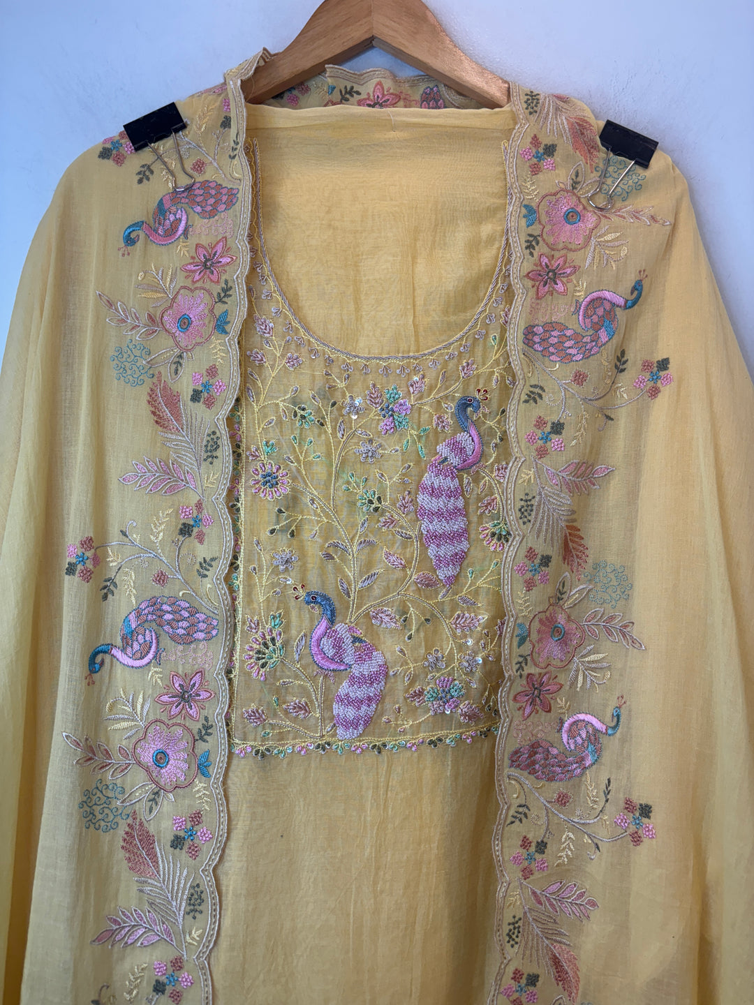 Yellow Mul Cotton Peacock Embroidered Suit Set with Cutwork Dupatta