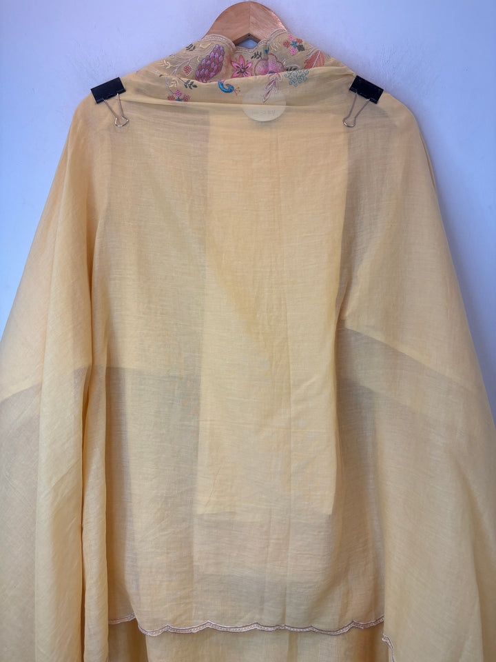 Yellow Mul Cotton Peacock Embroidered Suit Set with Cutwork Dupatta