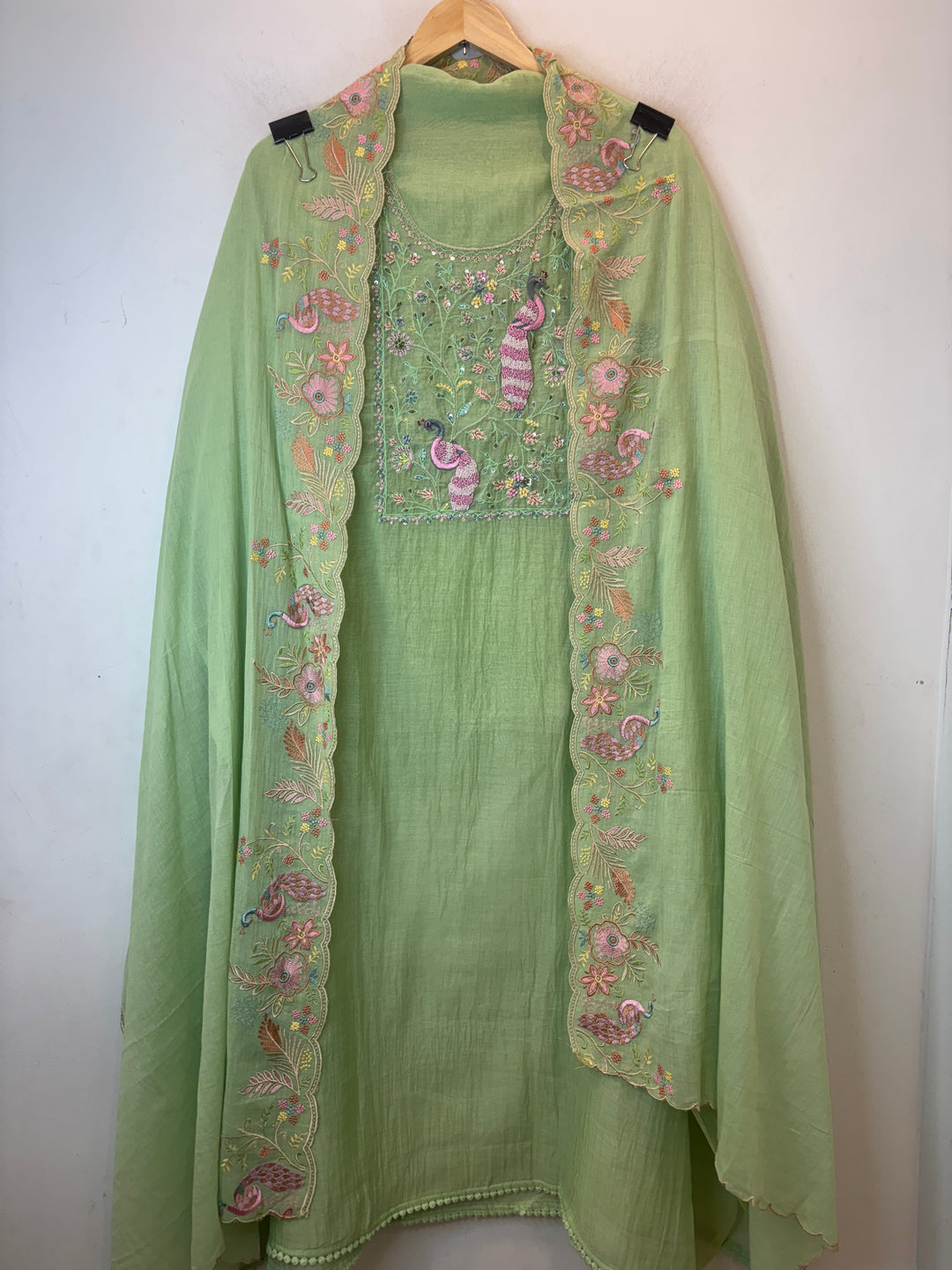 Green Mul Cotton Peacock Embroidered Suit Set with Cutwork Dupatta