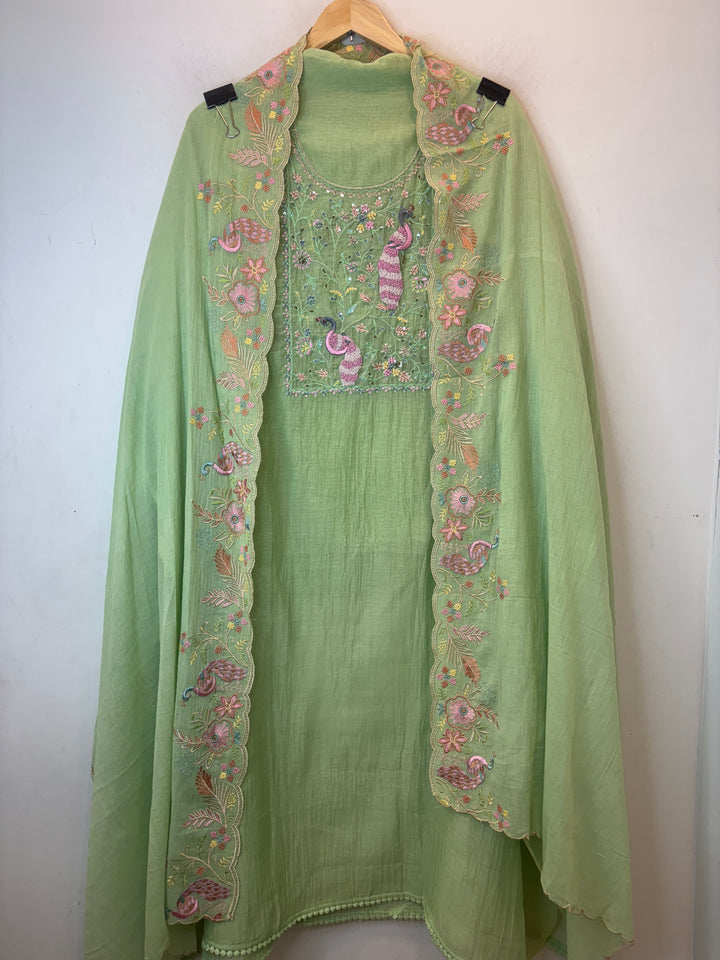Green Mul Cotton Peacock Embroidered Suit Set with Cutwork Dupatta
