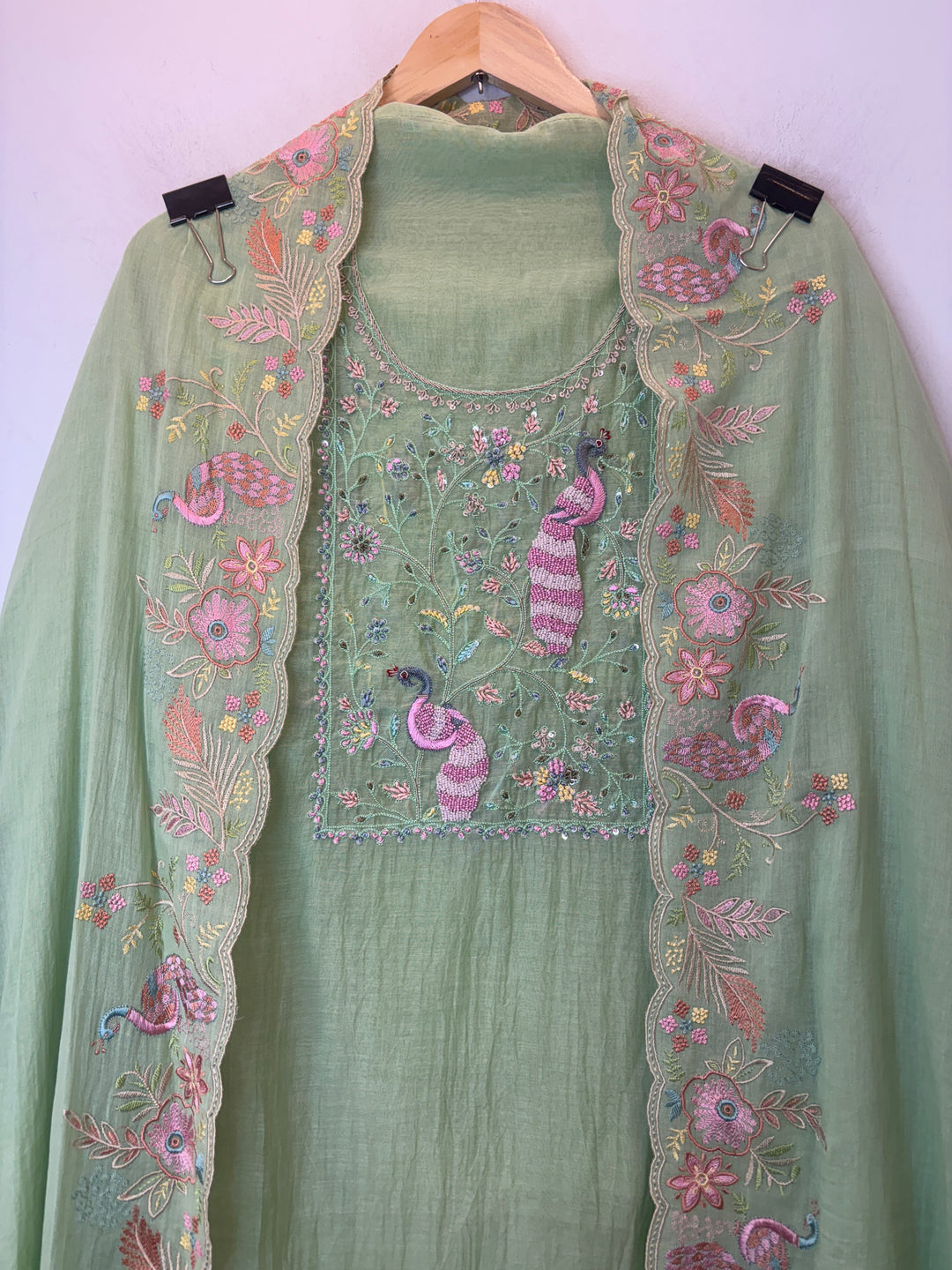 Green Mul Cotton Peacock Embroidered Suit Set with Cutwork Dupatta