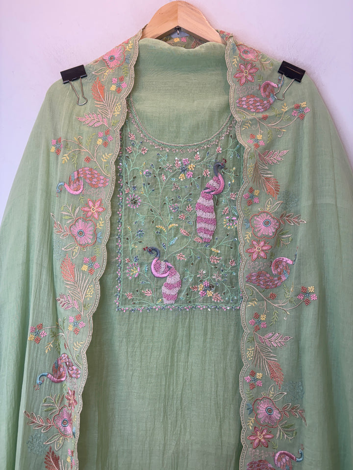 Green Mul Cotton Peacock Embroidered Suit Set with Cutwork Dupatta
