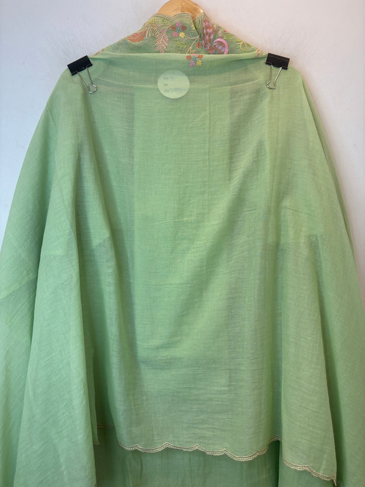 Green Mul Cotton Peacock Embroidered Suit Set with Cutwork Dupatta