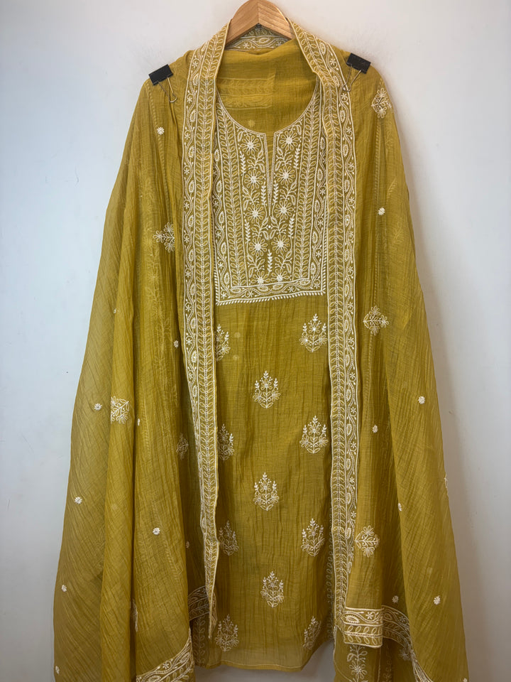 Yellow Mul Cotton Embroidered Suit Set with Thread Work