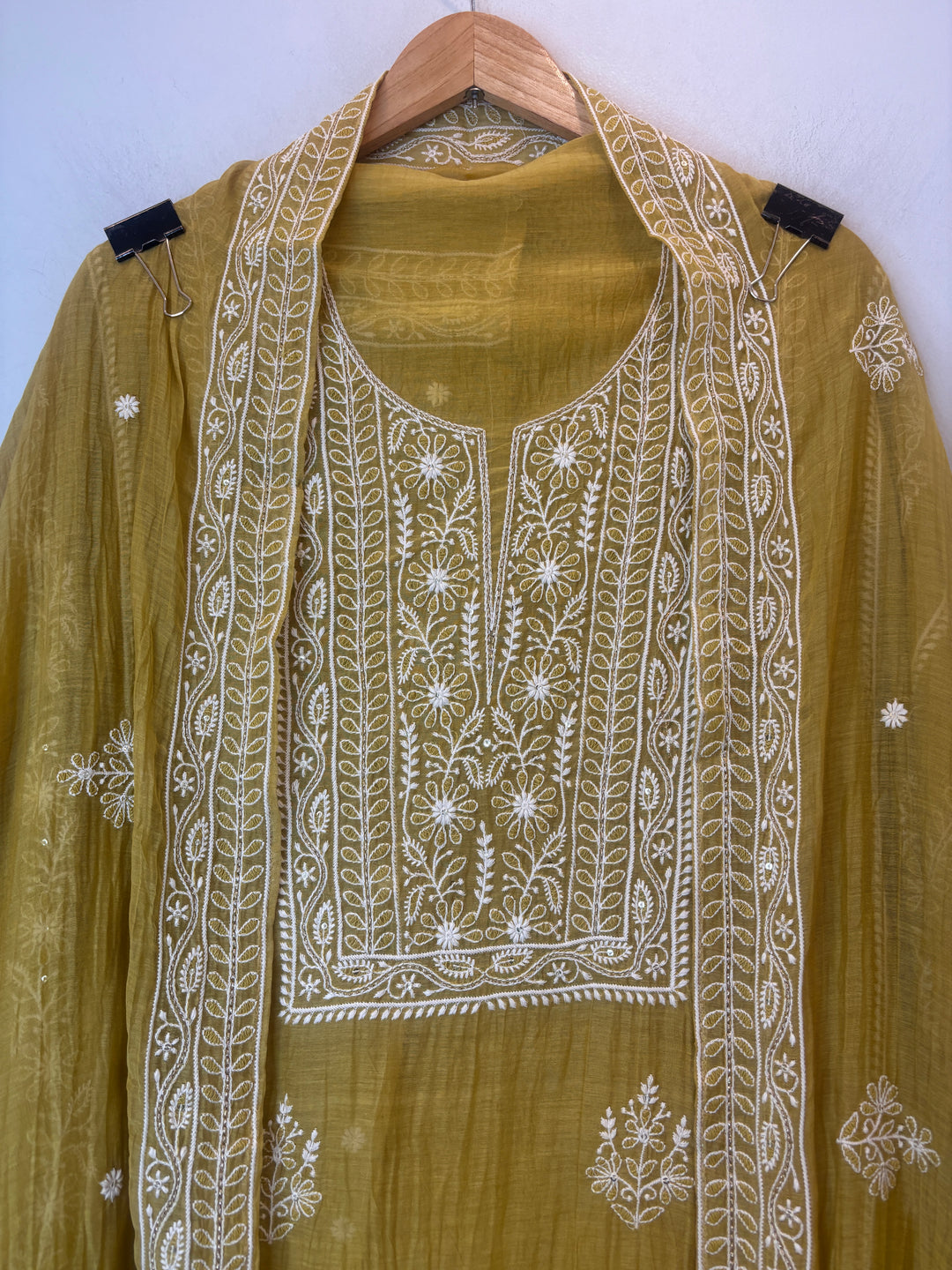 Yellow Mul Cotton Embroidered Suit Set with Thread Work