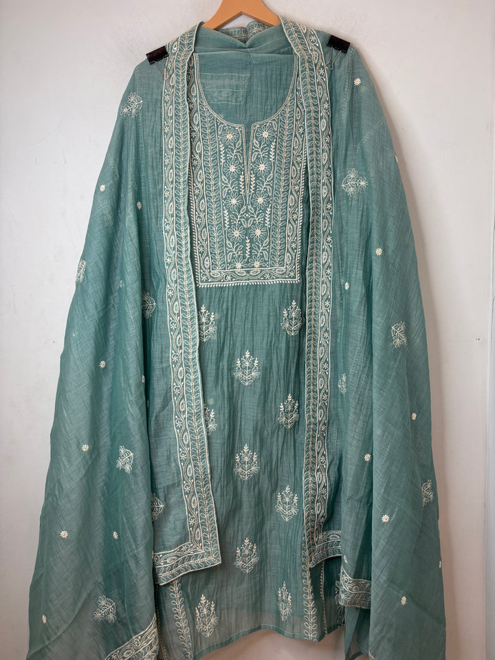 Sea Green Mul Cotton Embroidered Suit Set with Thread Work