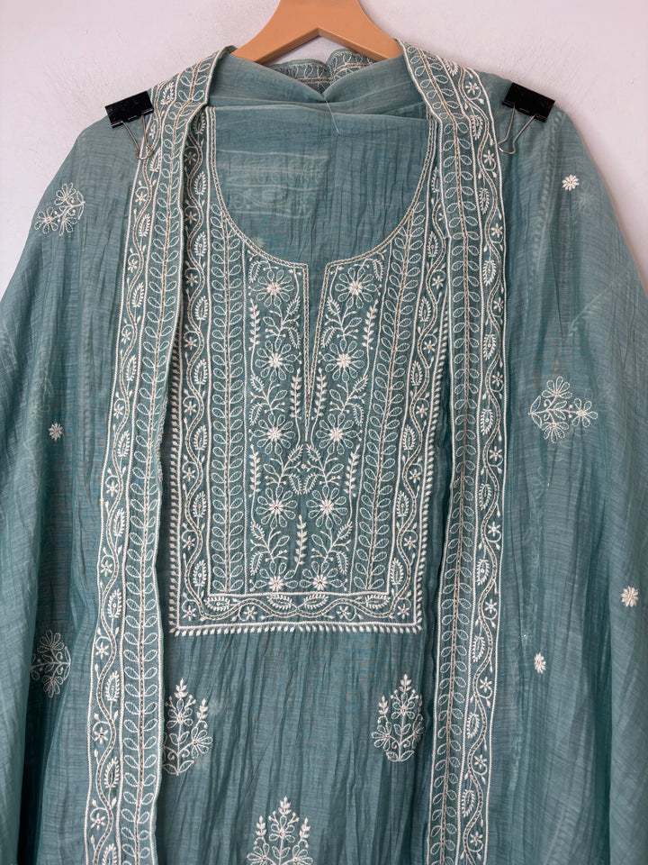 Sea Green Mul Cotton Embroidered Suit Set with Thread Work