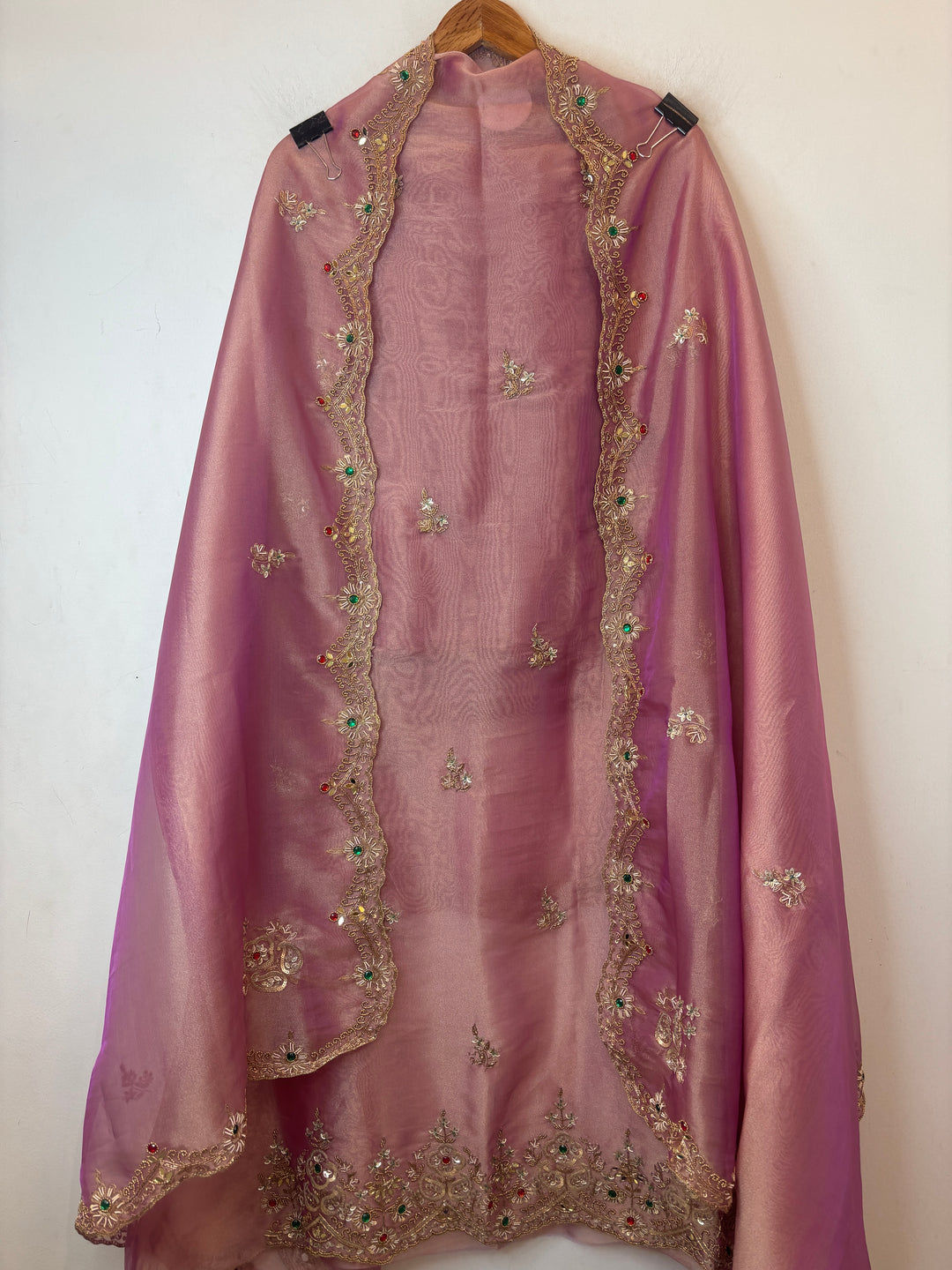 Pink Tissue Embellished Suit Set with Dabka, Mirror &amp; 3D Sequin Work