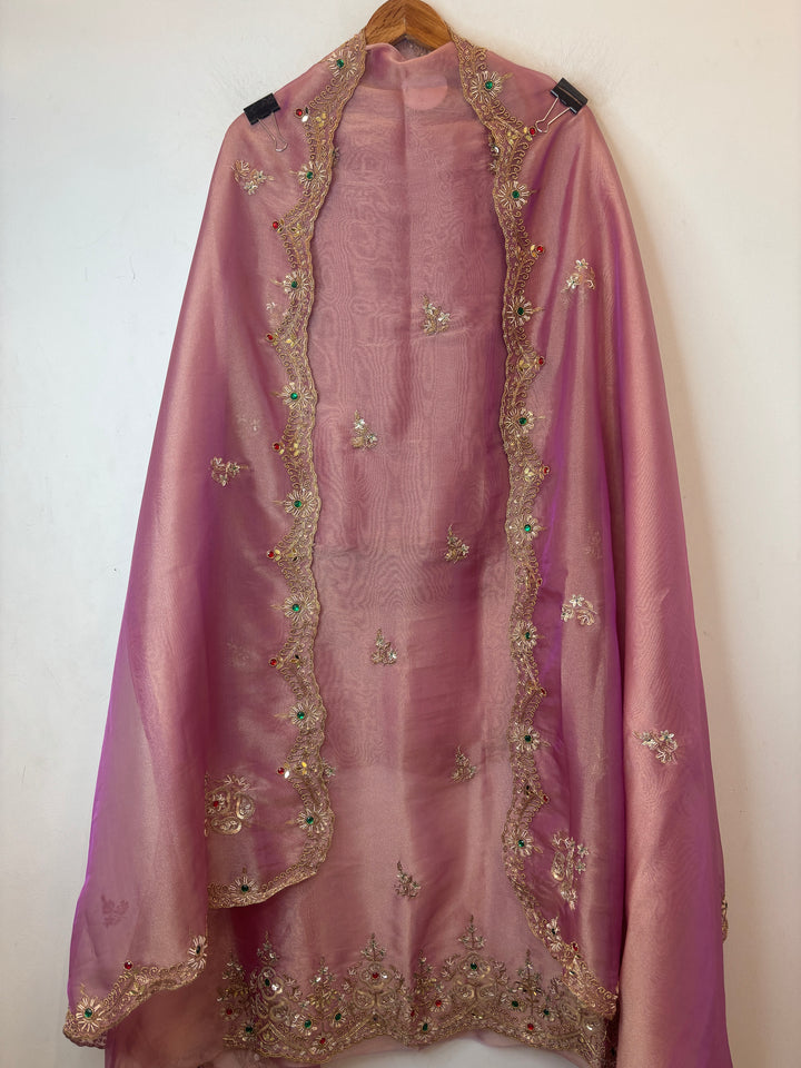 Pink Tissue Embellished Suit Set with Dabka, Mirror &amp; 3D Sequin Work