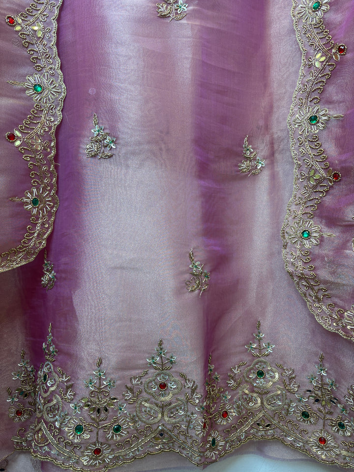 Pink Tissue Embellished Suit Set with Dabka, Mirror &amp; 3D Sequin Work