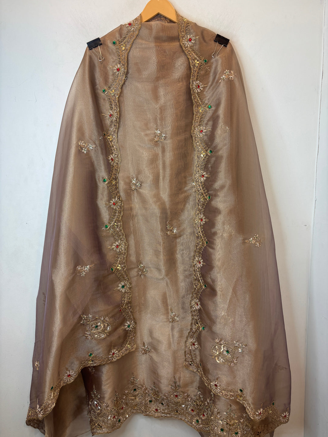 Beige Tissue Embellished Suit Set with Dabka, Mirror &amp; 3D Sequin Work
