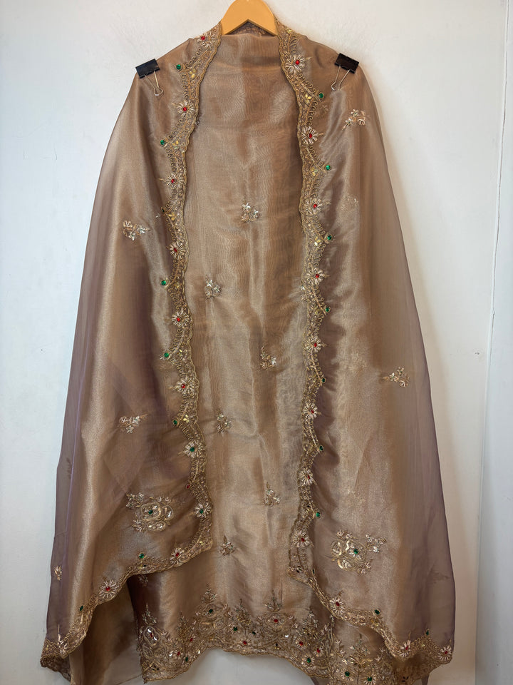 Beige Tissue Embellished Suit Set with Dabka, Mirror &amp; 3D Sequin Work