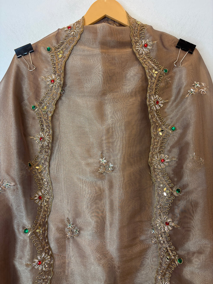 Beige Tissue Embellished Suit Set with Dabka, Mirror &amp; 3D Sequin Work