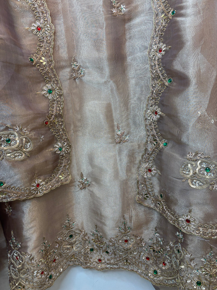 Beige Tissue Embellished Suit Set with Dabka, Mirror &amp; 3D Sequin Work