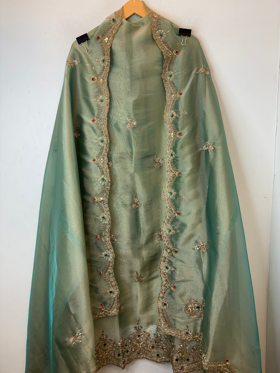 Sea Green Tissue Embellished Suit Set with Dabka, Mirror &amp; 3D Sequin Work