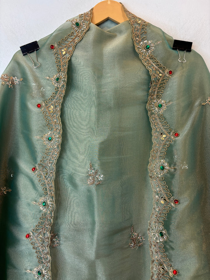 Sea Green Tissue Embellished Suit Set with Dabka, Mirror &amp; 3D Sequin Work