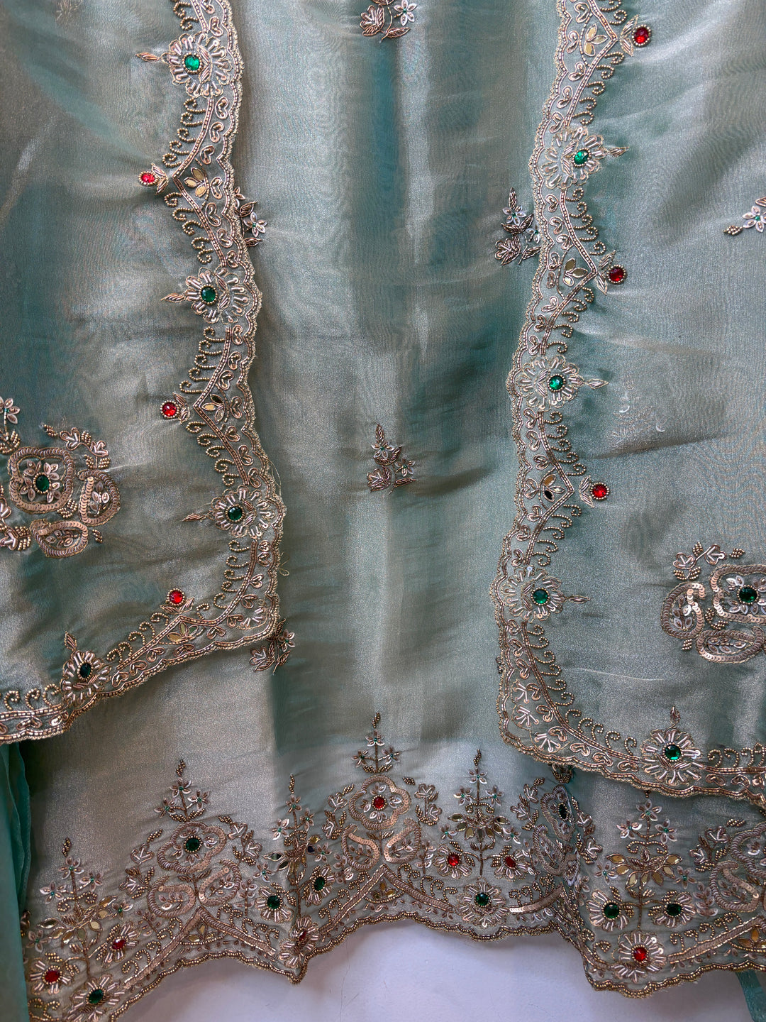 Sea Green Tissue Embellished Suit Set with Dabka, Mirror &amp; 3D Sequin Work