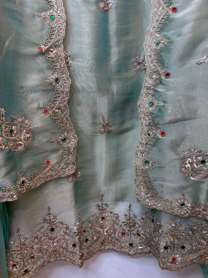 Sea Green Tissue Embellished Suit Set with Dabka, Mirror &amp; 3D Sequin Work