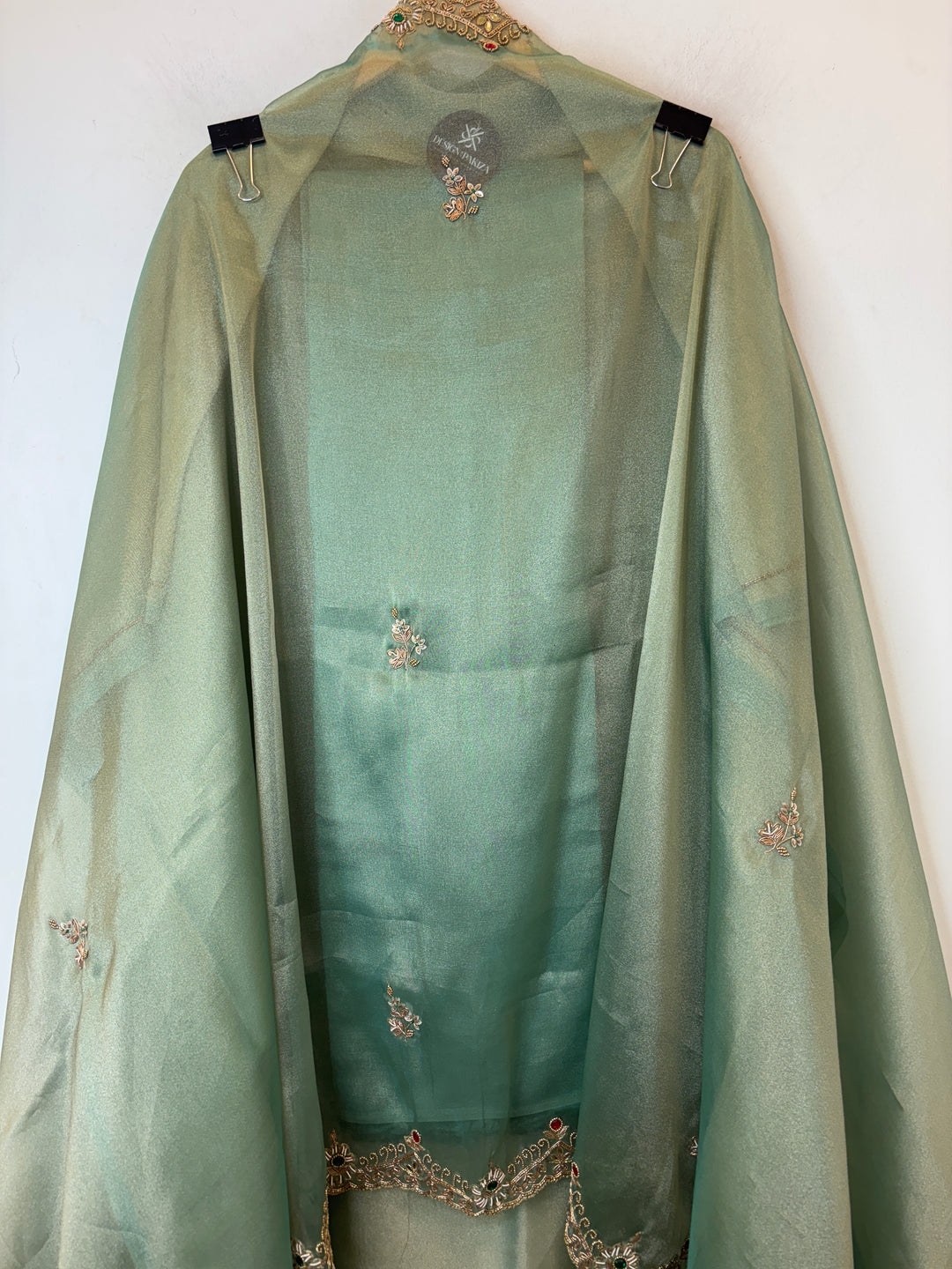 Sea Green Tissue Embellished Suit Set with Dabka, Mirror &amp; 3D Sequin Work