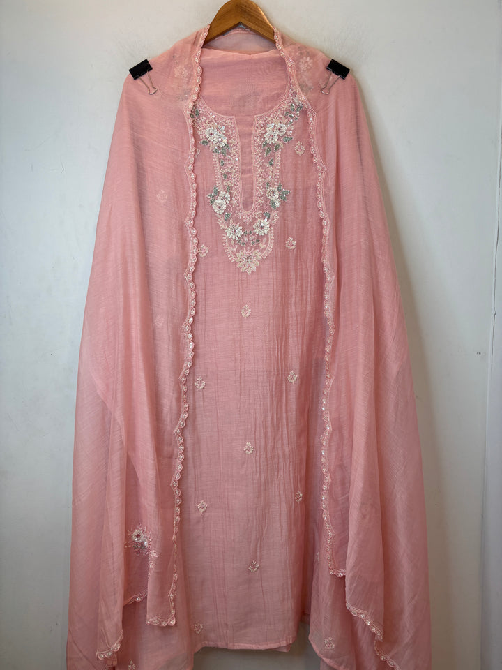 Pink Mul Cotton Embroidered Suit Set with Pearl &amp; Sequin Booties