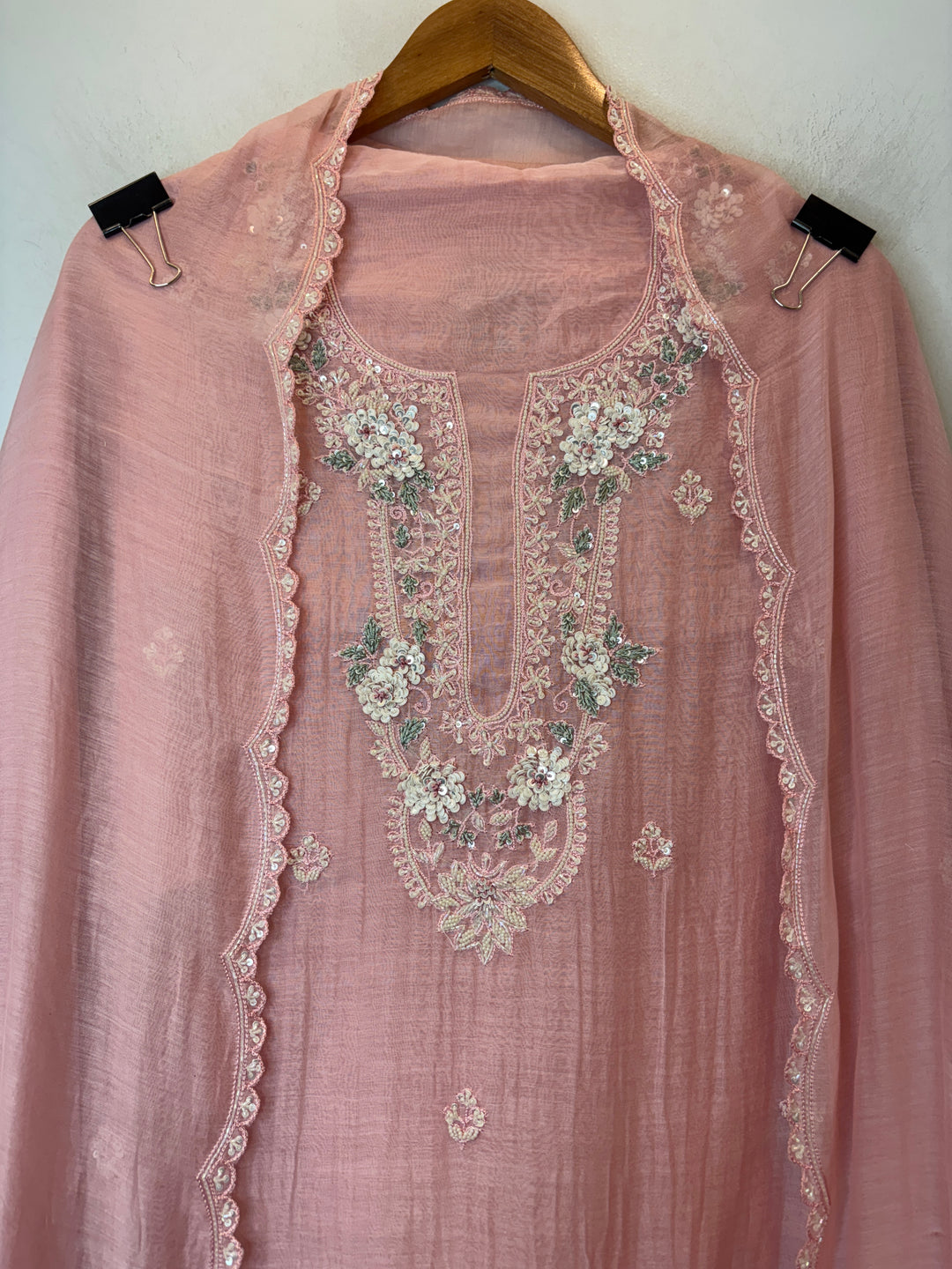 Pink Mul Cotton Embroidered Suit Set with Pearl &amp; Sequin Booties