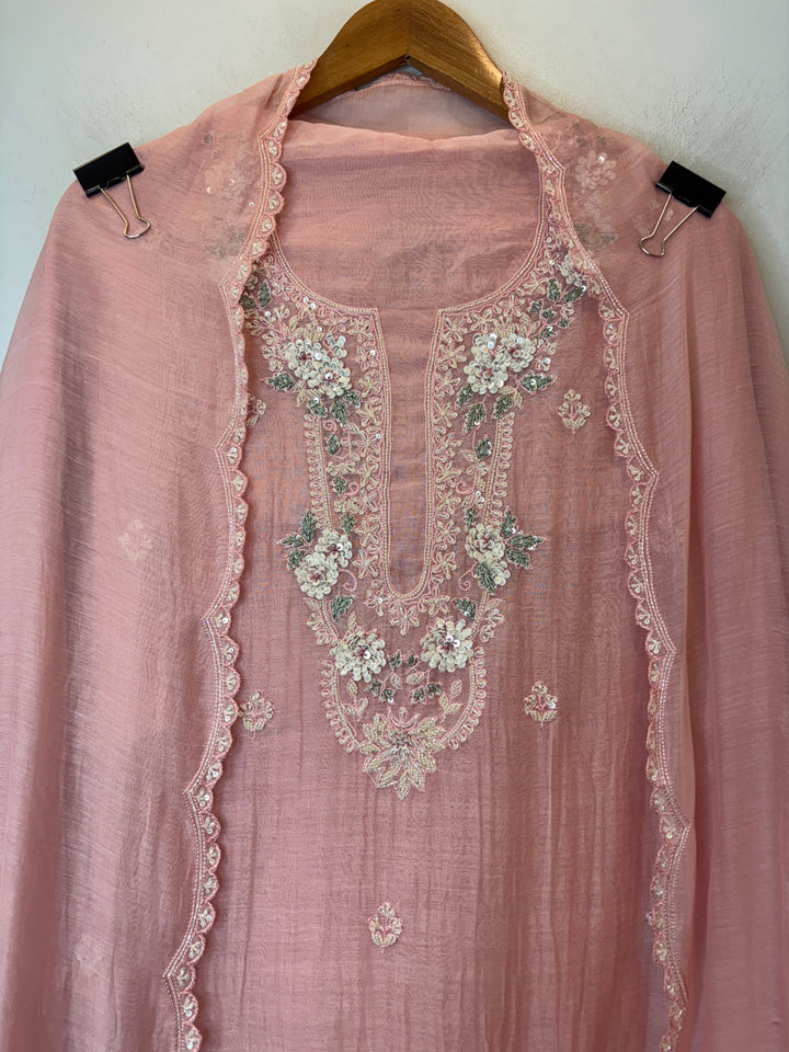 Pink Mul Cotton Embroidered Suit Set with Pearl &amp; Sequin Booties