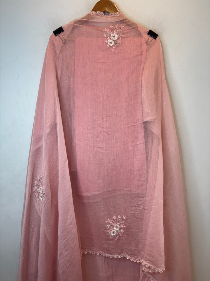 Pink Mul Cotton Embroidered Suit Set with Pearl &amp; Sequin Booties