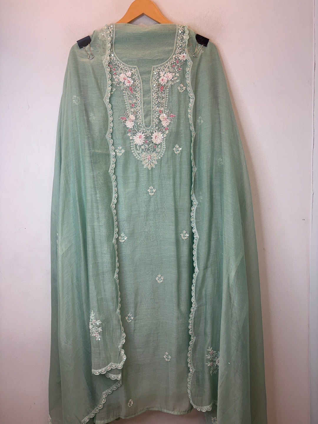 Sea Green Mul Cotton Embroidered Suit Set with Pearl &amp; Sequin Booties