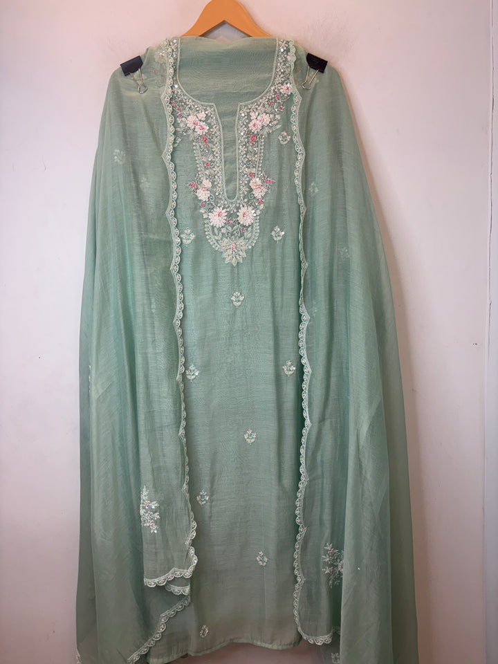 Sea Green Mul Cotton Embroidered Suit Set with Pearl &amp; Sequin Booties