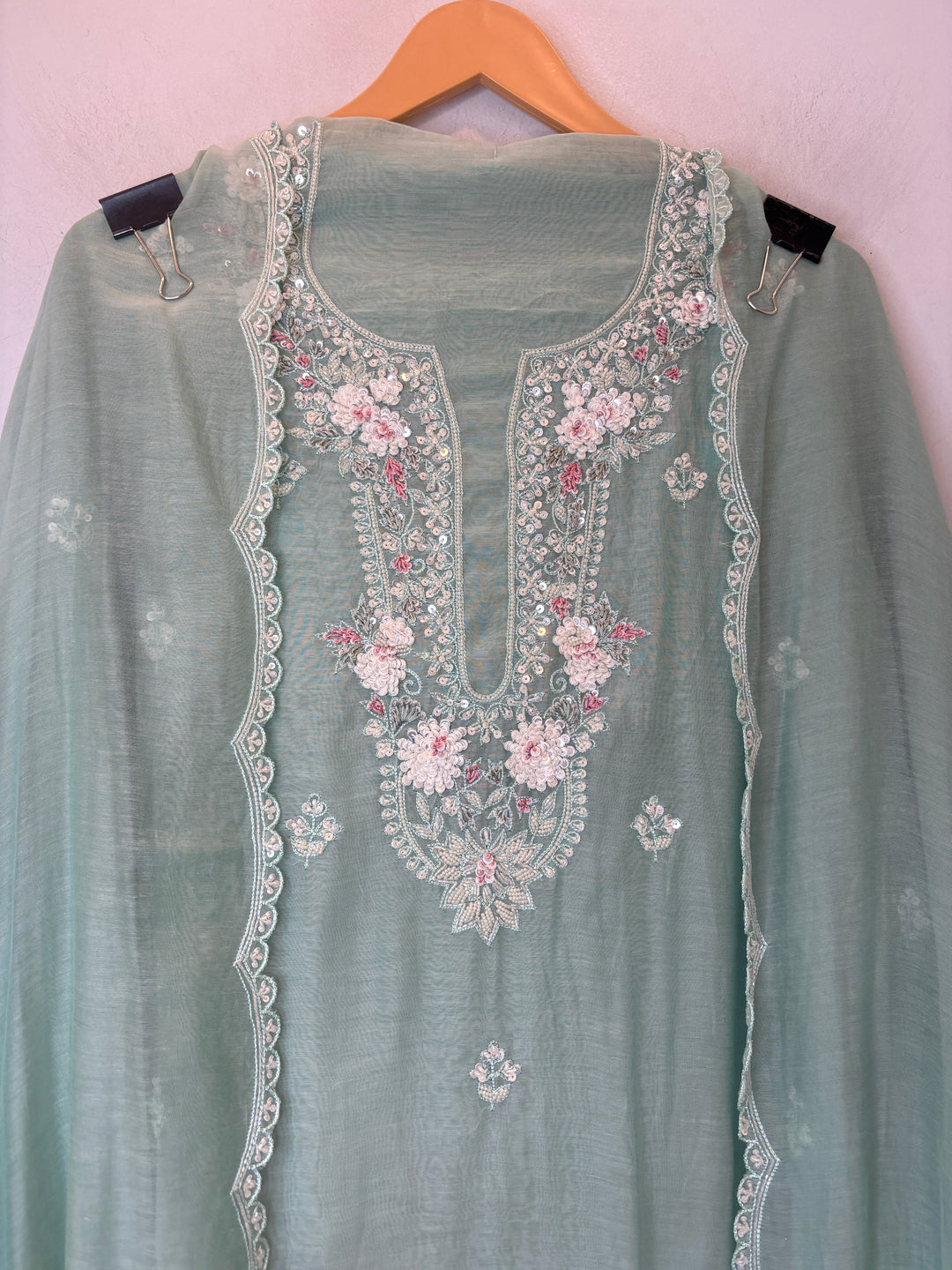 Sea Green Mul Cotton Embroidered Suit Set with Pearl &amp; Sequin Booties