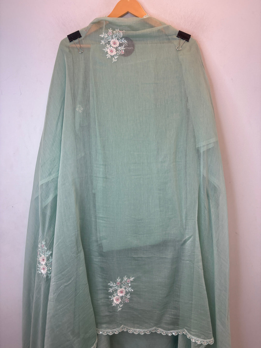 Sea Green Mul Cotton Embroidered Suit Set with Pearl &amp; Sequin Booties