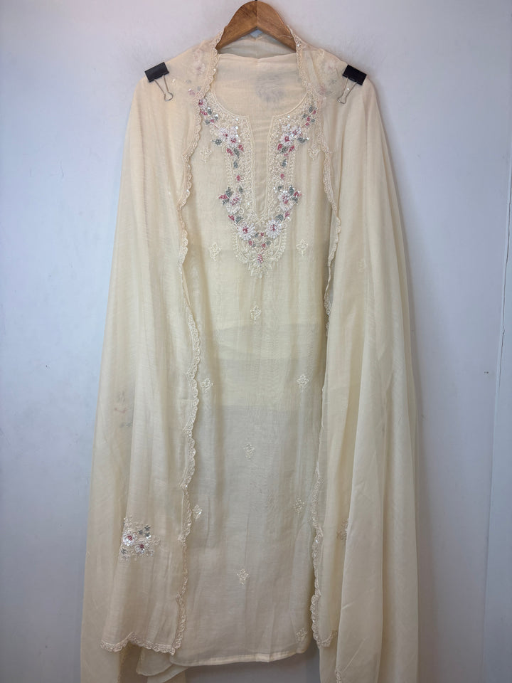 White Mul Cotton Embroidered Suit Set with Pearl &amp; Sequin Booties