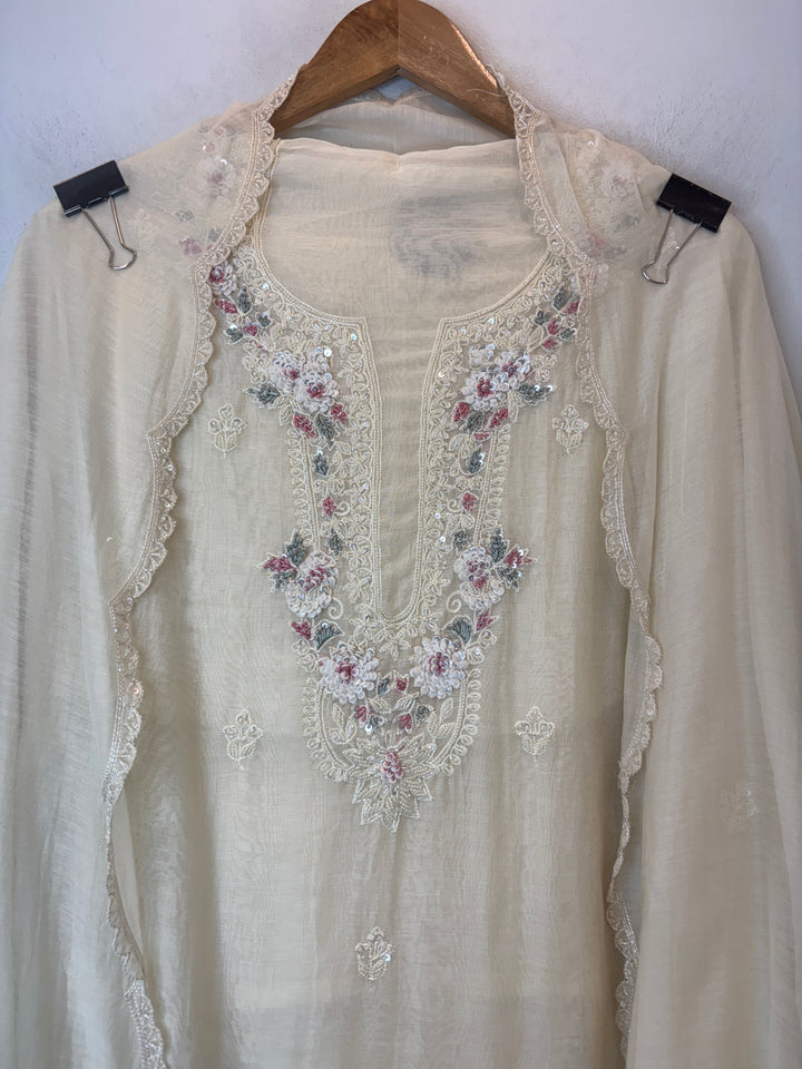 White Mul Cotton Embroidered Suit Set with Pearl &amp; Sequin Booties